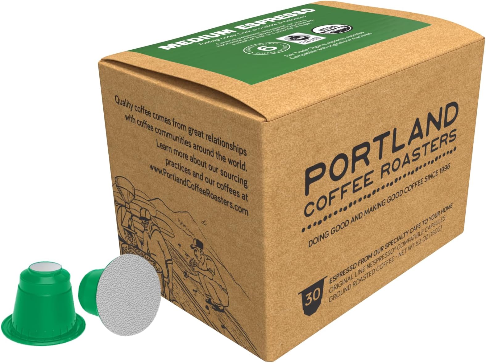 Portland Coffee Roasters, (Medium) Espresso Pods, Organic, Fair Trade, 30 count
