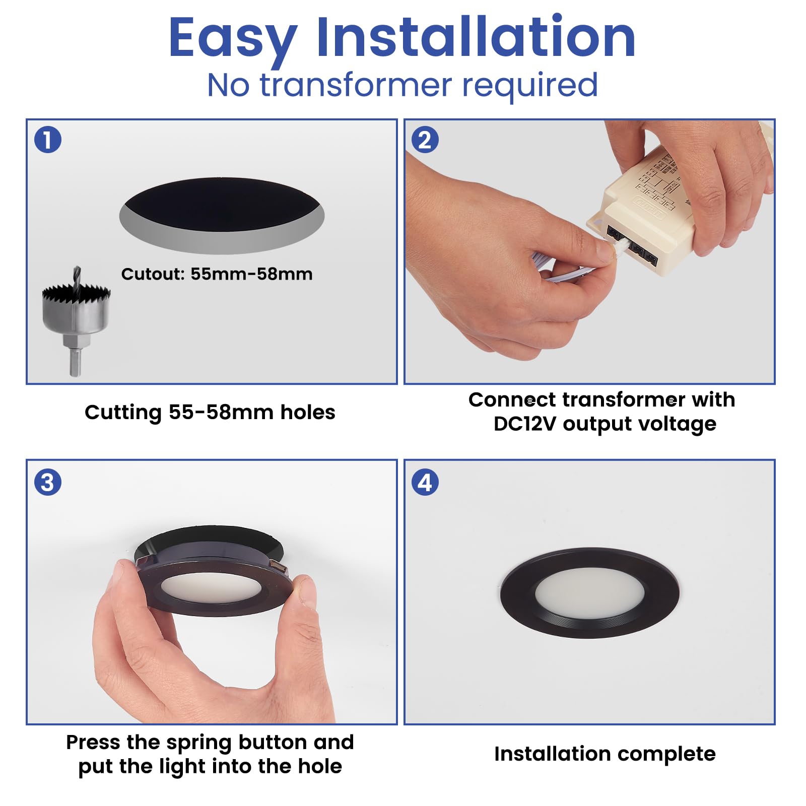 Faretto LED da incasso per mobili, 12 V, ultra piatto, 3 W, foro da 55 mm, con cavo da 2 m, per armadi a specchio, vetrine, mobili e armadi (4 x nero, 3000 K)
