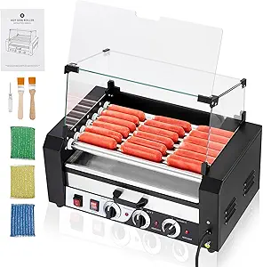 Hot Dog Roller, 7 Rollers 18 Hot Dogs Capacity 1350W Stainless Sausage Grill Cooker Machine with Removable Oil Drip Tray Dual Temp Control and Glass Hood Cover, Perfect for Commercial and Party