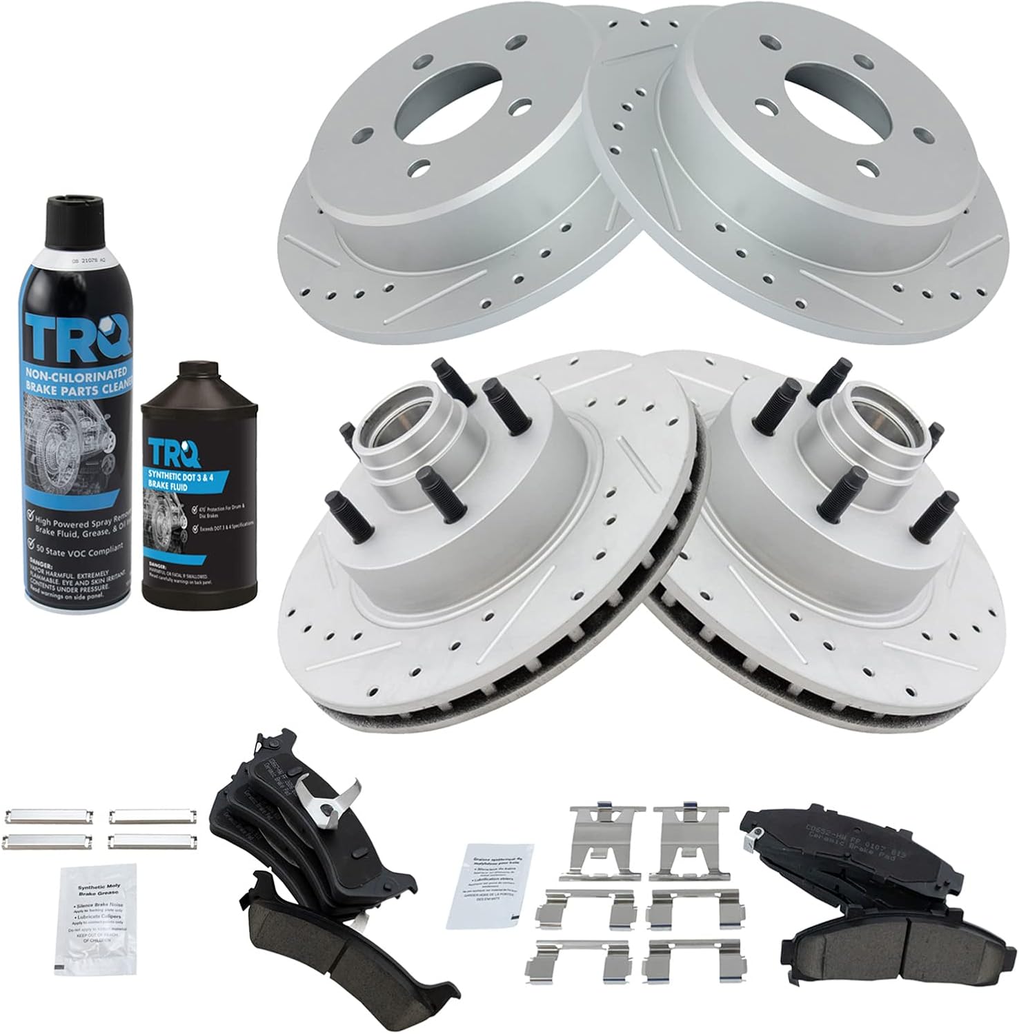 TRQ Front & Rear Ceramic Brake Pad & Performance Rotor Kit w/Chemicals Compatible with Ford