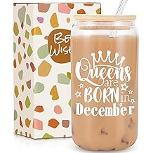Birthday Gifts for Women, Funny Happy Birthday Glass Cup Tumbler for her, Girlfriend, Friends, Wife, Mom, Bestie, Daughter, Sister, 18oz Clear Can Glass with Straw &amp; Lid, Queens are Born in December