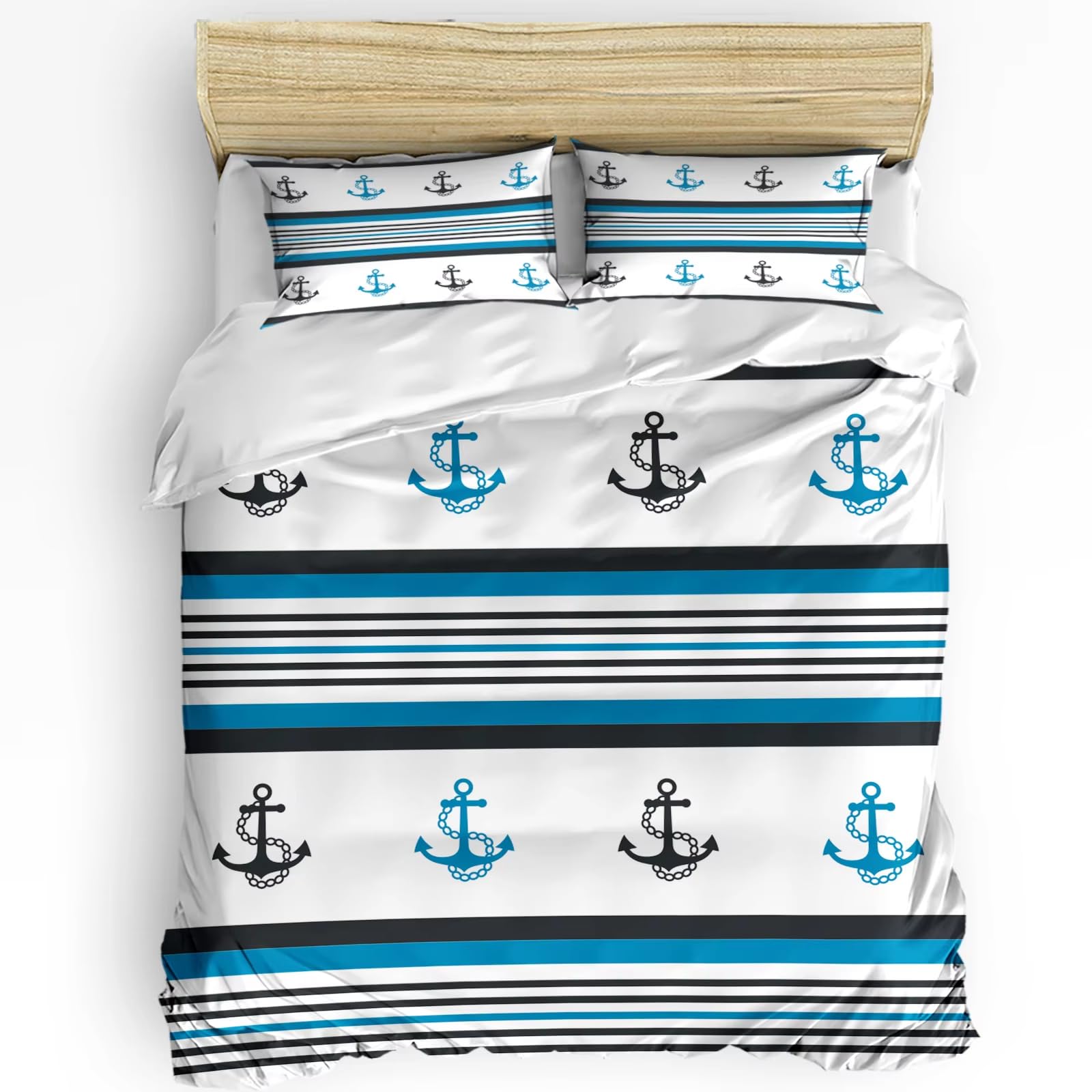 Parure de lit bleu marine à rayures ancre marine pour lit double 240x260 cm