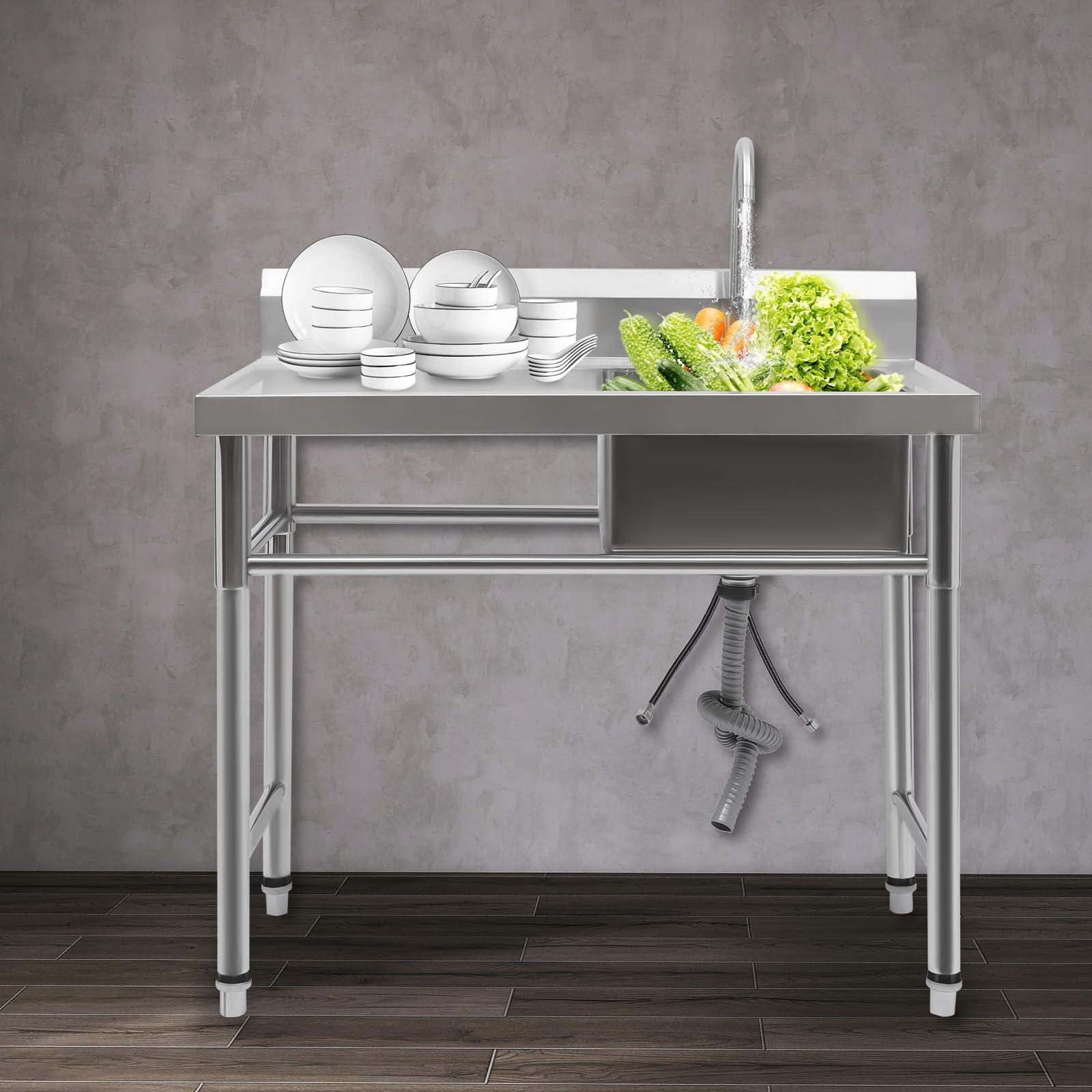 Fregadero independiente Fregadero de cocina de acero inoxidable Lavabo móvil con grifo para restaurantes, lavanderías, tiendas, laboratorios, restaurantes, cafeterías, exteriores, jardín y