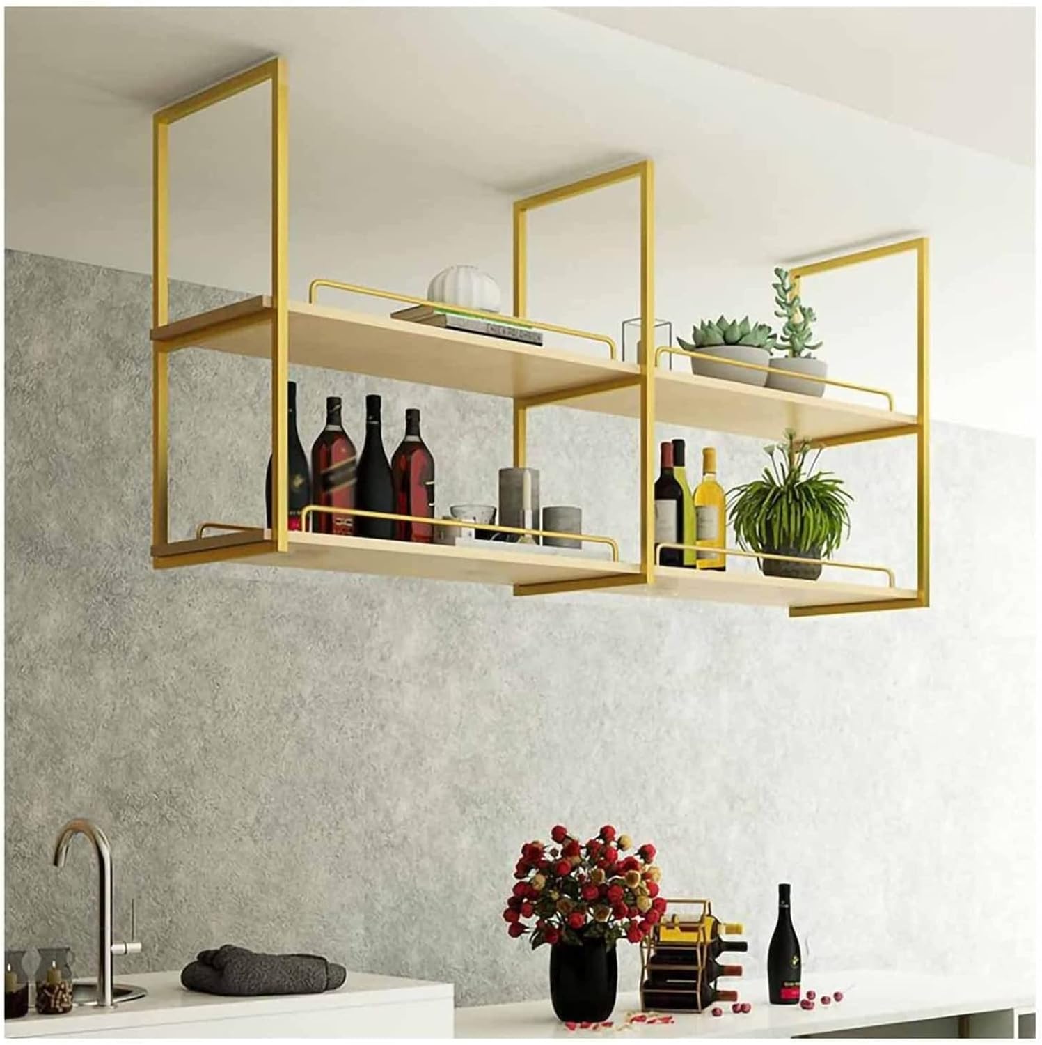 Solid Wood 2 Tier Living Room Ceiling Shelf Wine Rack, Bar Restaurant Hanging Decoration Storage Rack, Easy to Install, Plate Thickness 2Cm/D/80 * 30 * 80Cm