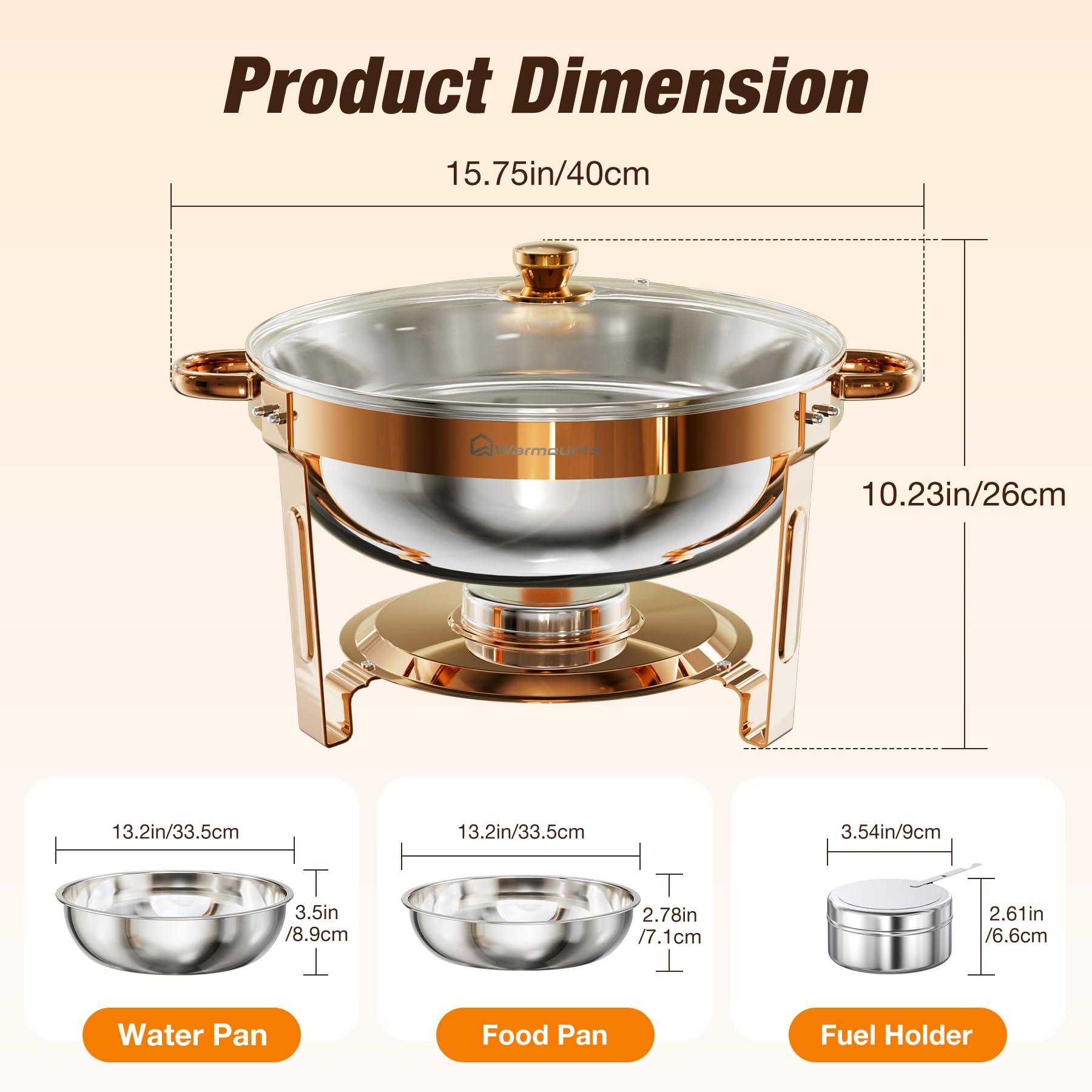 WARMOUNTS Bandeja de plato de oro rosa con tapa de cristal, 5 L