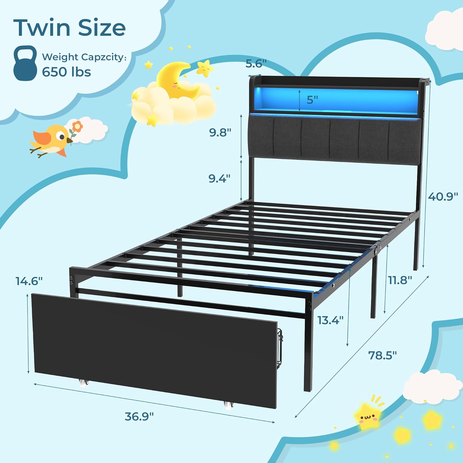 Diagram showing the dimensions of the Twin Bed Frame with Storage Headboard and LED Lights.