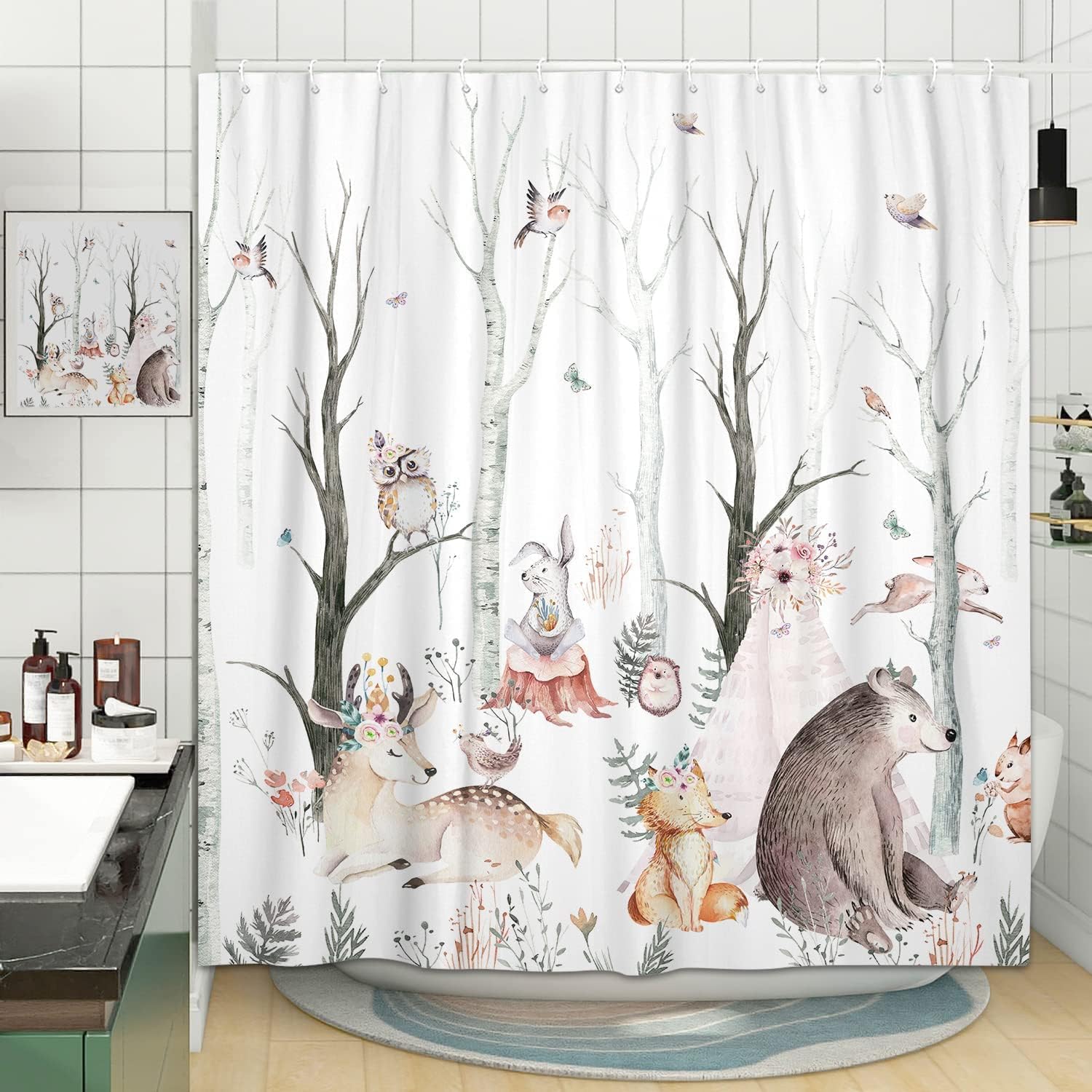 Rustic Forest Animals Shower Curtain for Bathroom, Country Woodland Lodge Cabin Bear Fox Deer Owl Fabric Shower Curtains Set, Hunting Wlidlife Kids Restroom Decor Accessories with Hooks 72X75inches