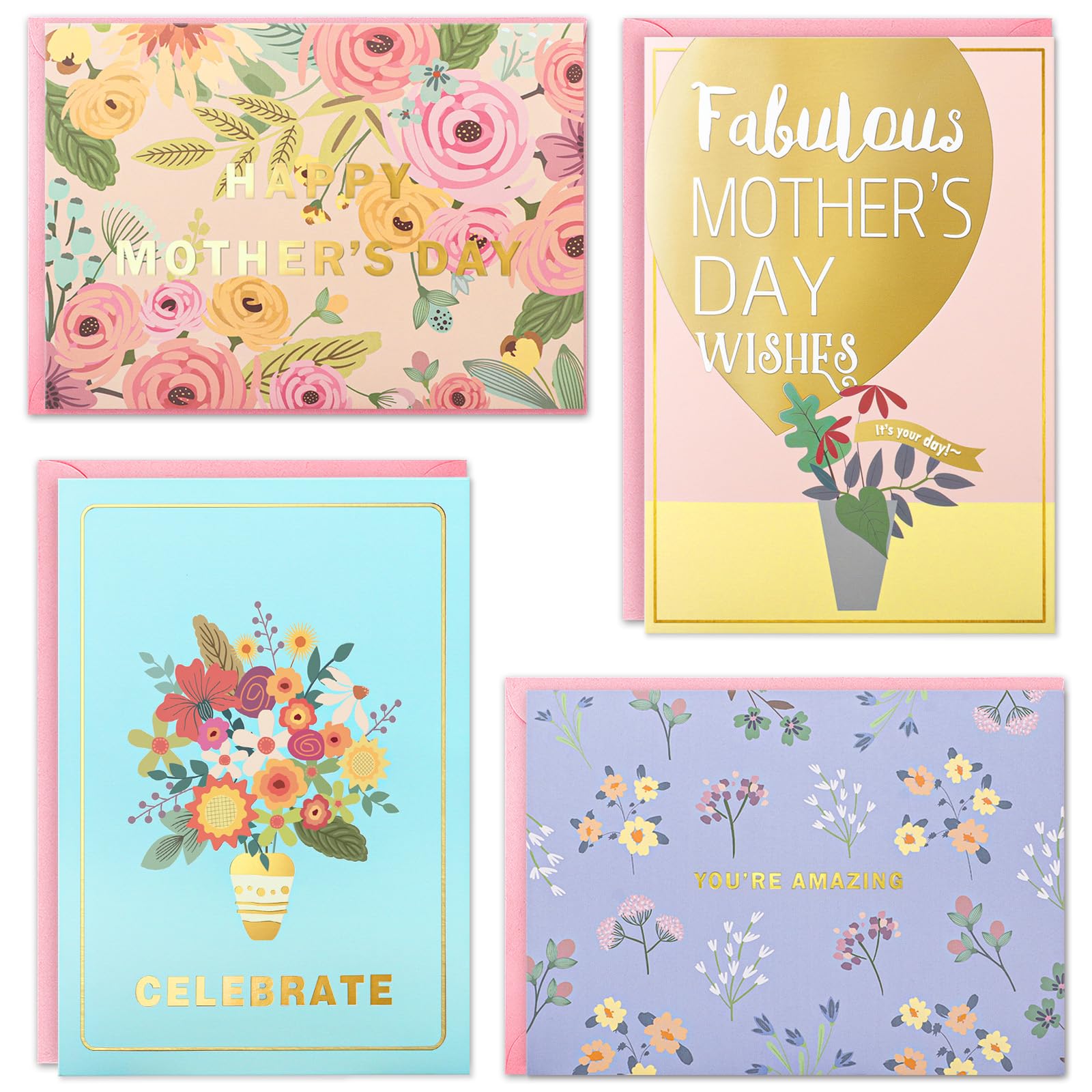 EACYART Assortimento di biglietti per la festa della mamma, confezione da 20 biglietti per la festa della mamma in scatola con buste e adesivi, biglietti in lamina d'oro per la mamma