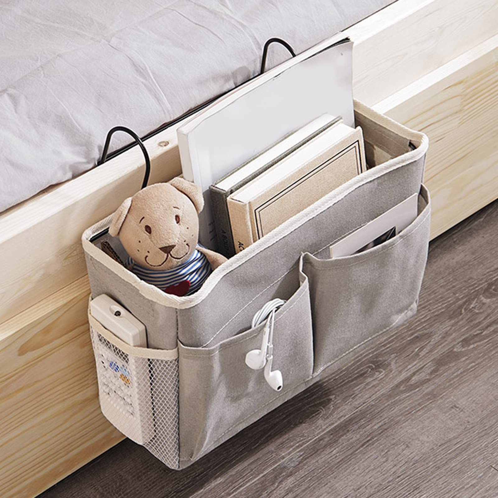 LITZEE Organizer Da Letto Appendibile – 6 Tasche In Oxford Grigio, Porta Libri E Cellulare, Per Cameretta E Ufficio
