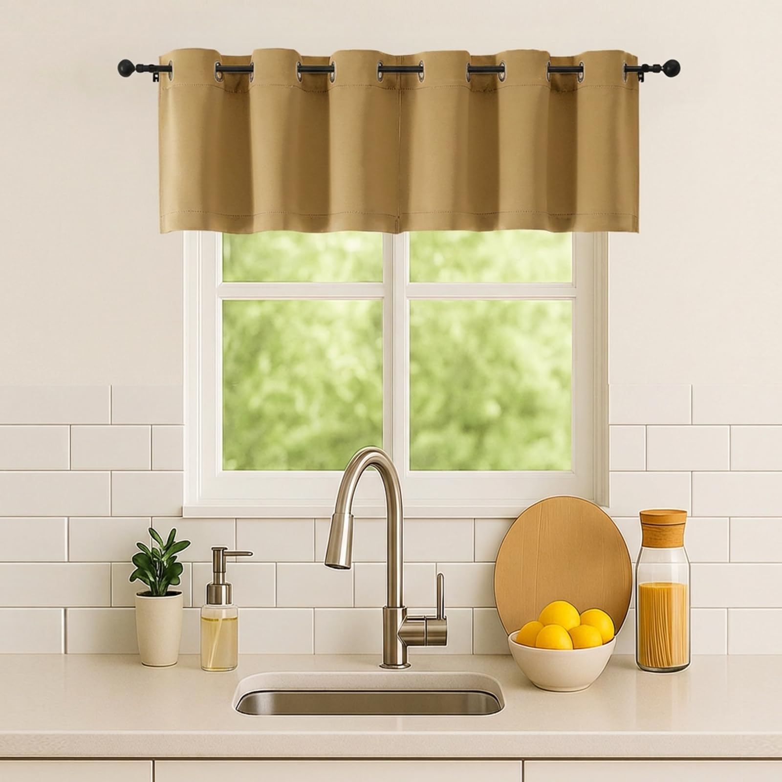 Simplebrand Gold Kitchen Valances for Windows 18 Inches Long 2 Pack, Room Darkening Window Valances for Living Room, Grommet Short Straight Drape Kitchen Curtains for Bedroom Kids Room, 40Wx18L