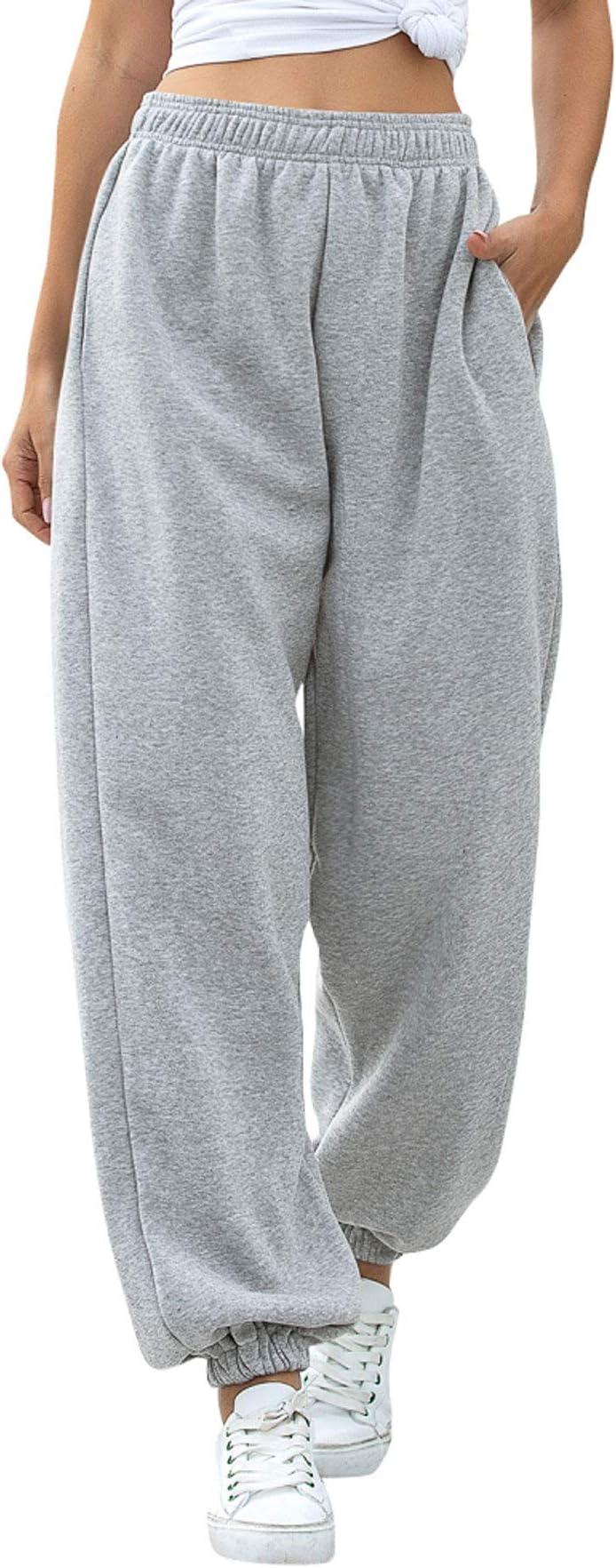 Amormio Women's Active Elastic Waist Cotton-Blend Baggy Loose Workout Sweatpants Joggers Lounge Pants Sportswear