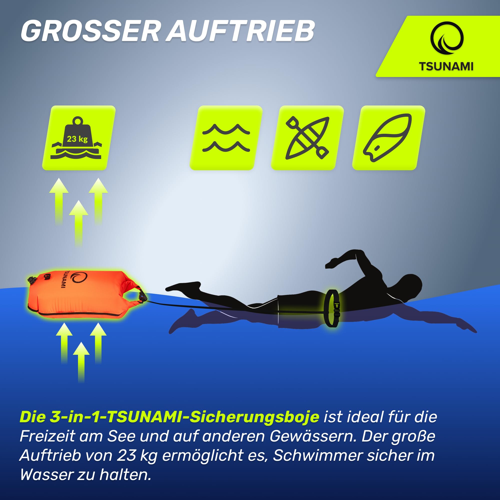 TSUNAMI Schwimmboje PRO mit 2-in-1-Trockentasche, Aufblasbare Schwimmhilfe für Schwimmen, Schnorcheln, SUP, Freiwasserschwimmen und Wildschwimmen, Sicherheitsboje, sichtbare Boje
