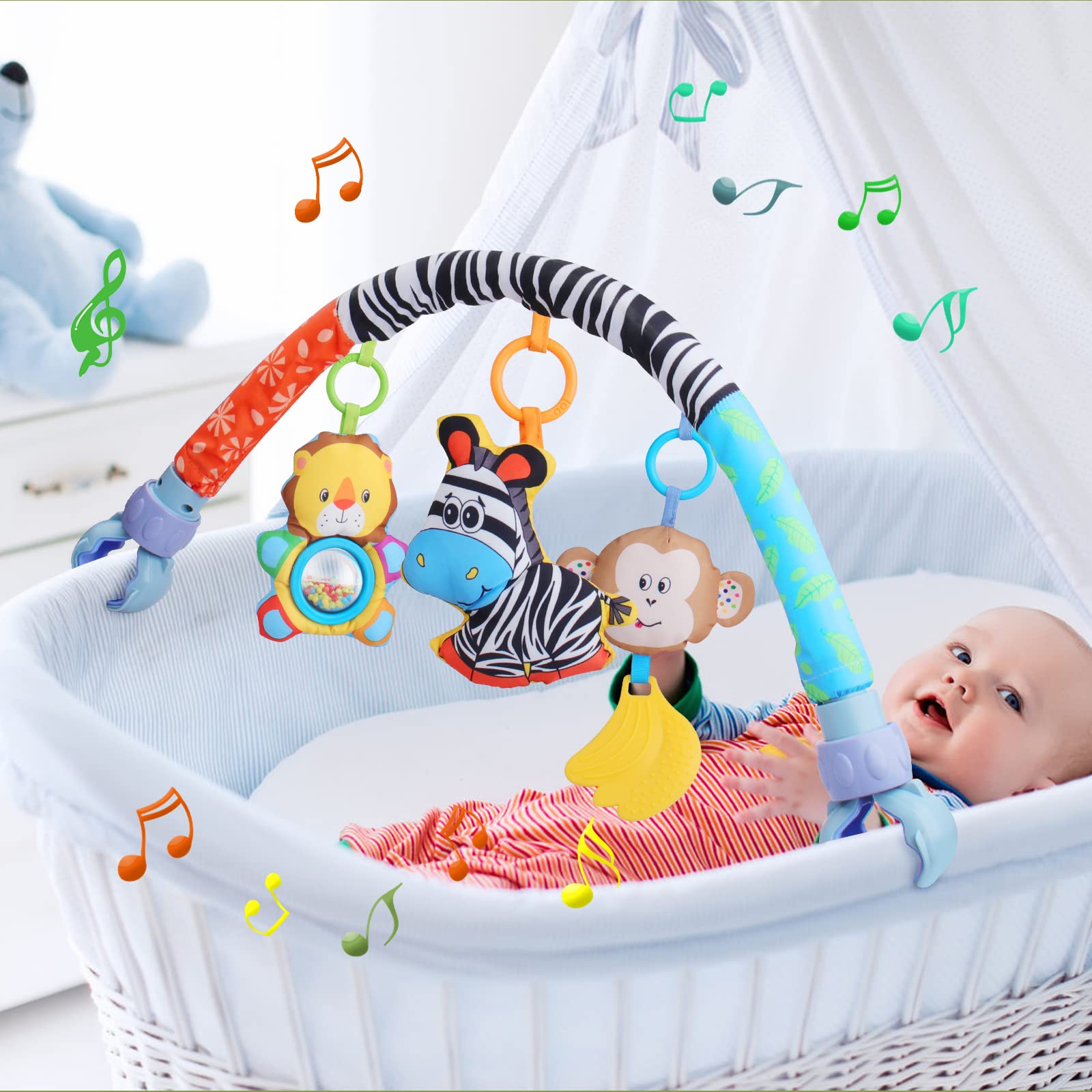 Henakmsl Jouet de Poussette Arc pour bébé 0-6 Mois Jouet de Poussette avec hochet/Squeak Musical Sensoriel Crèche Suspendue Arc Jouet Mobile Poussette Jouet pour Nouveau-né