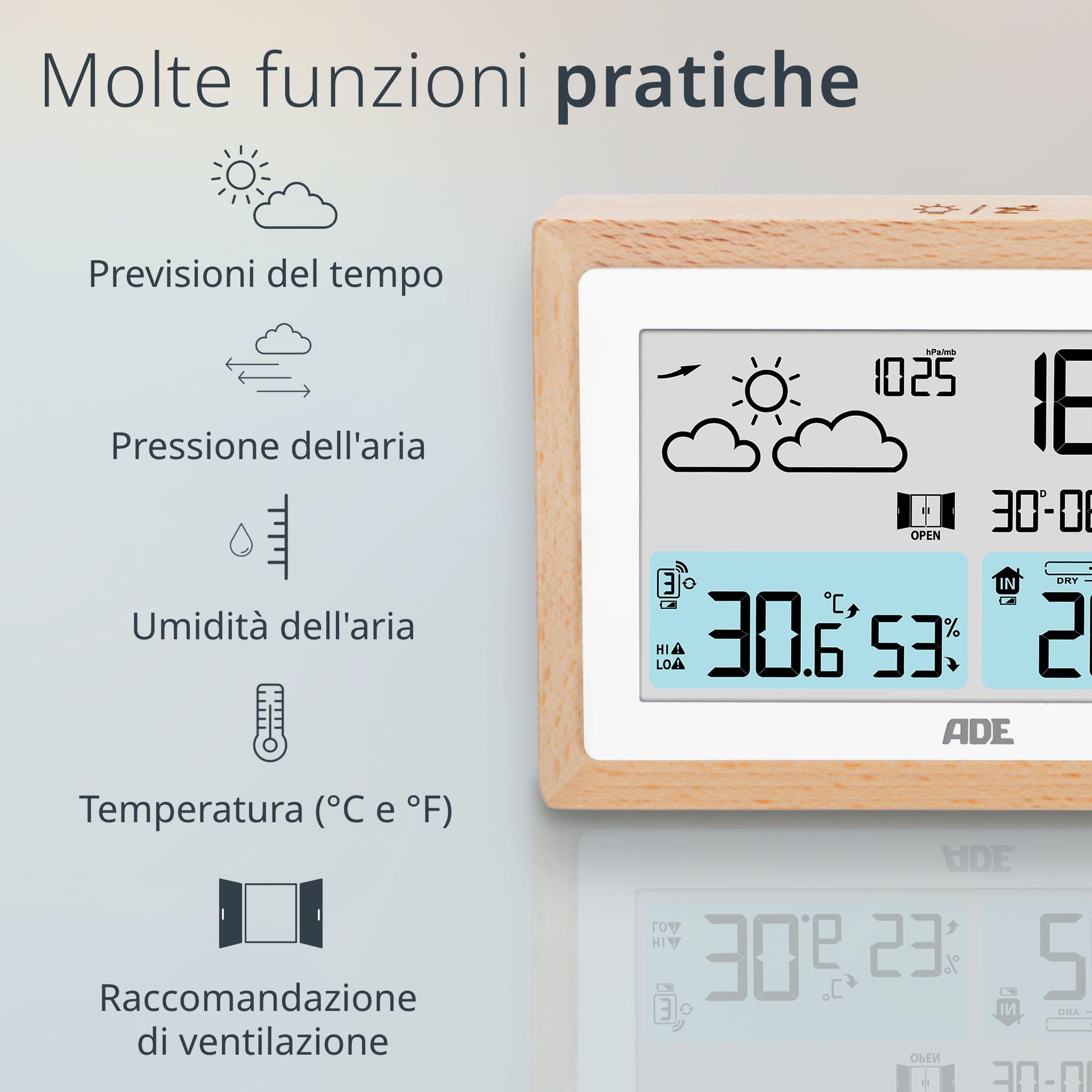 ADE Stazione meteorologica digitale con sensore esterno | temperatura interna/esterna | igrometro, barometro, previsioni tempo | raccomandazione di ventilazione | sveglia | alimentatore incl.