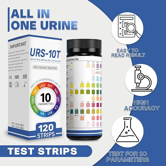 10-in-1 Urine Test Strips for Urinalysis Full Panel Urinalysis Test Strips for Protein, Nitrite, Leukocytes, pH, Kidney and Liver Function (120 Strips)