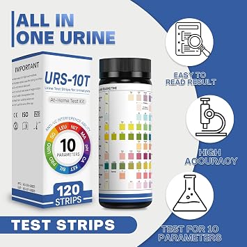 10-in-1 Urine Test Strips for Urinalysis Full Panel Urinalysis Test Strips for Protein, Nitrite, Leukocytes, pH, Kidney and Liver Function (120 Strips)