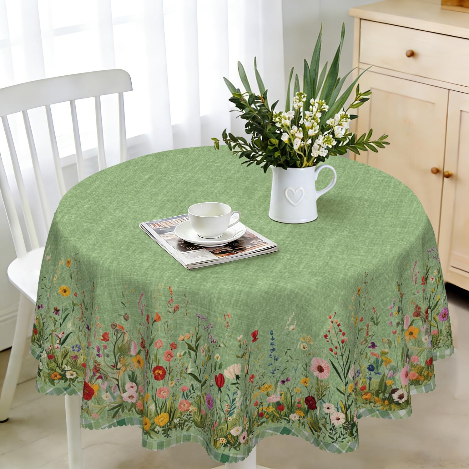 iEvery Green Floral Round Tablecloth Wipe Clean 120cm, Wipeable Circular Table Cloth Waterproof Stain-Resistant Polyester Table Cover for 2-4 Seater Dining Kitchen Patio Garden Party Outdoor Decor — image 1