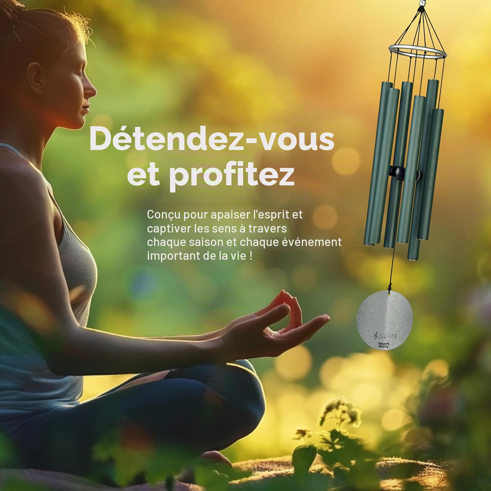 Nature's Melody Aureole Tunes Carillon à Vent d'extérieur, 6 Tubes, Gamme pentatonique de Mi, Aluminium Inoxydable, Finition poudrée, Crochet en S, pour condoléances, Cadeau commémoratif, Jardin Zen