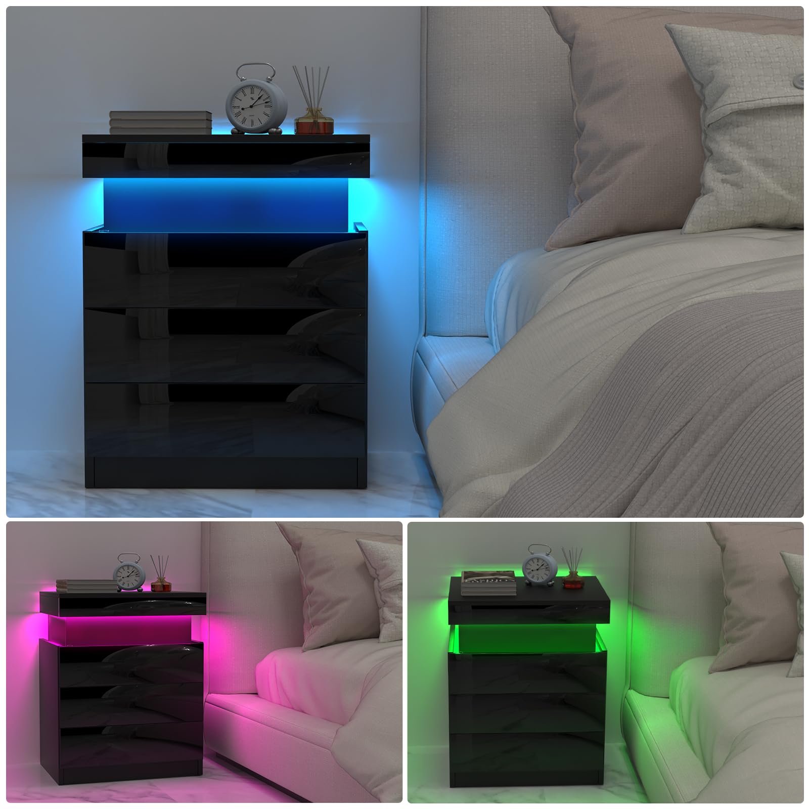 Comodino con Presa e porta USB, Comodino con illuminazione LED Regolabile, Comodini Camera da Letto Moderni Nero Pannello Scorrevole, Intelligente Comodini Camera da Letto con 3 Cassetti