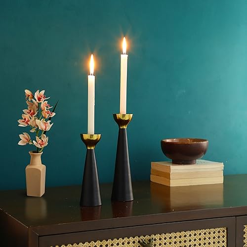 Miniatura 3 de Rely+ Juego de 2 portavelas cónicos negros y dorados, modernos portavelas de metal para centro de mesa de comedor, decoración del hogar, decoración