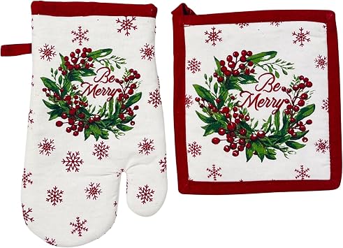 Holiday Kitchen Dish Towel and Pot Holders- Be Merry Christmas Set of 4 100% Cotton Green Red White - Two (2) Kitchen Towels, One (1) Oven Mitt, and One (1) Pot Holder