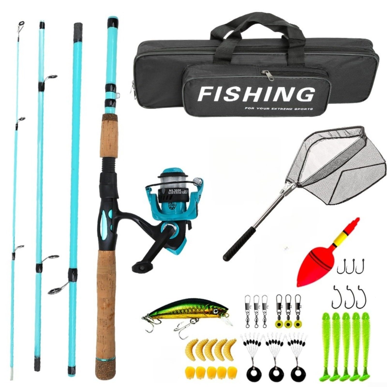 Kit canne à pêche portable moulinet filet fibre de verre poignée liège voyage