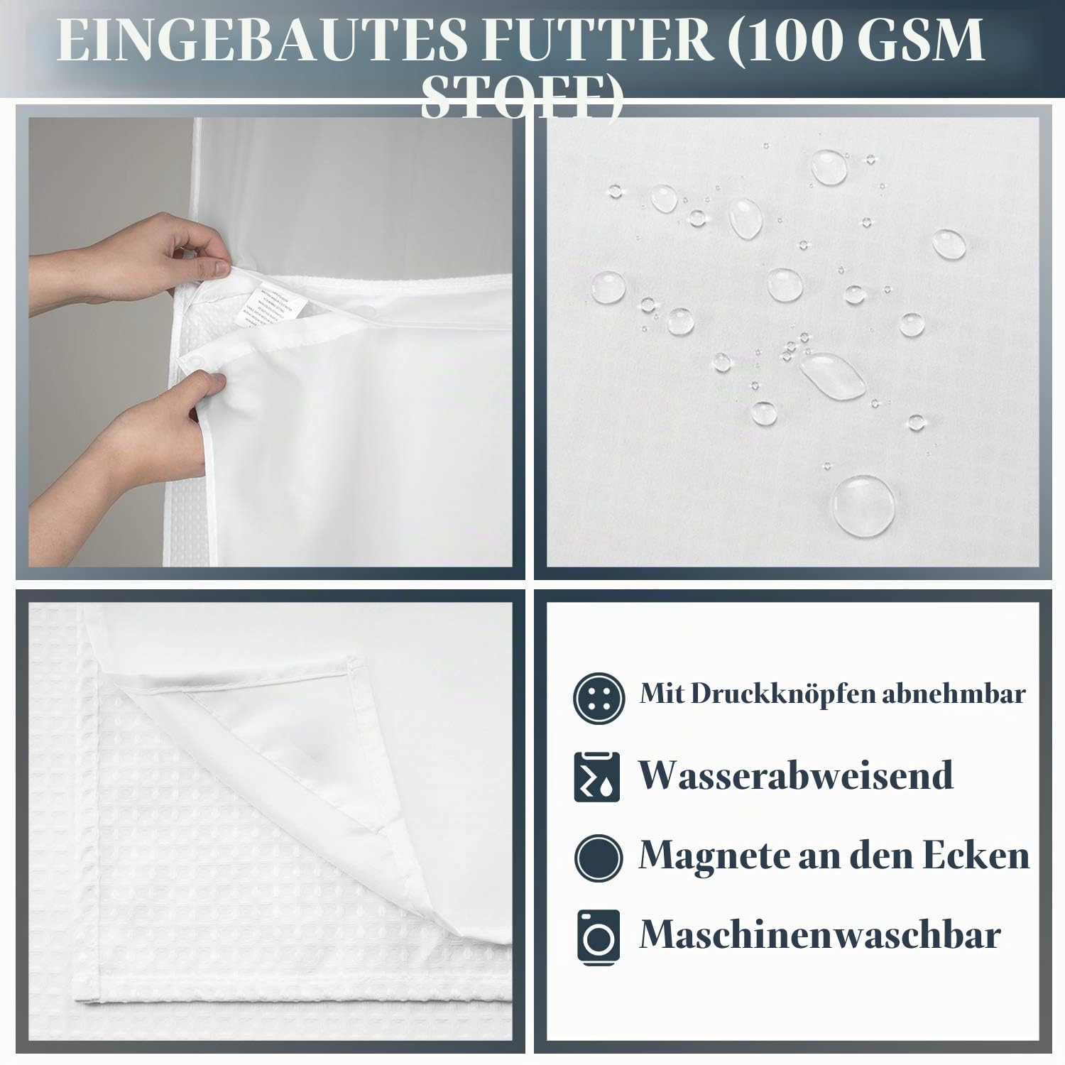 N&Y HOME Set aus Waffelgewebe-Duschvorhang mit einknöpfbarem Innenfutter und 12 weißen Haken, Hotel-Stil, wasserfest, waschbar, Schwerer Stoff, Netzfenster Oben, 180,3 x 182,8 cm, Weiß