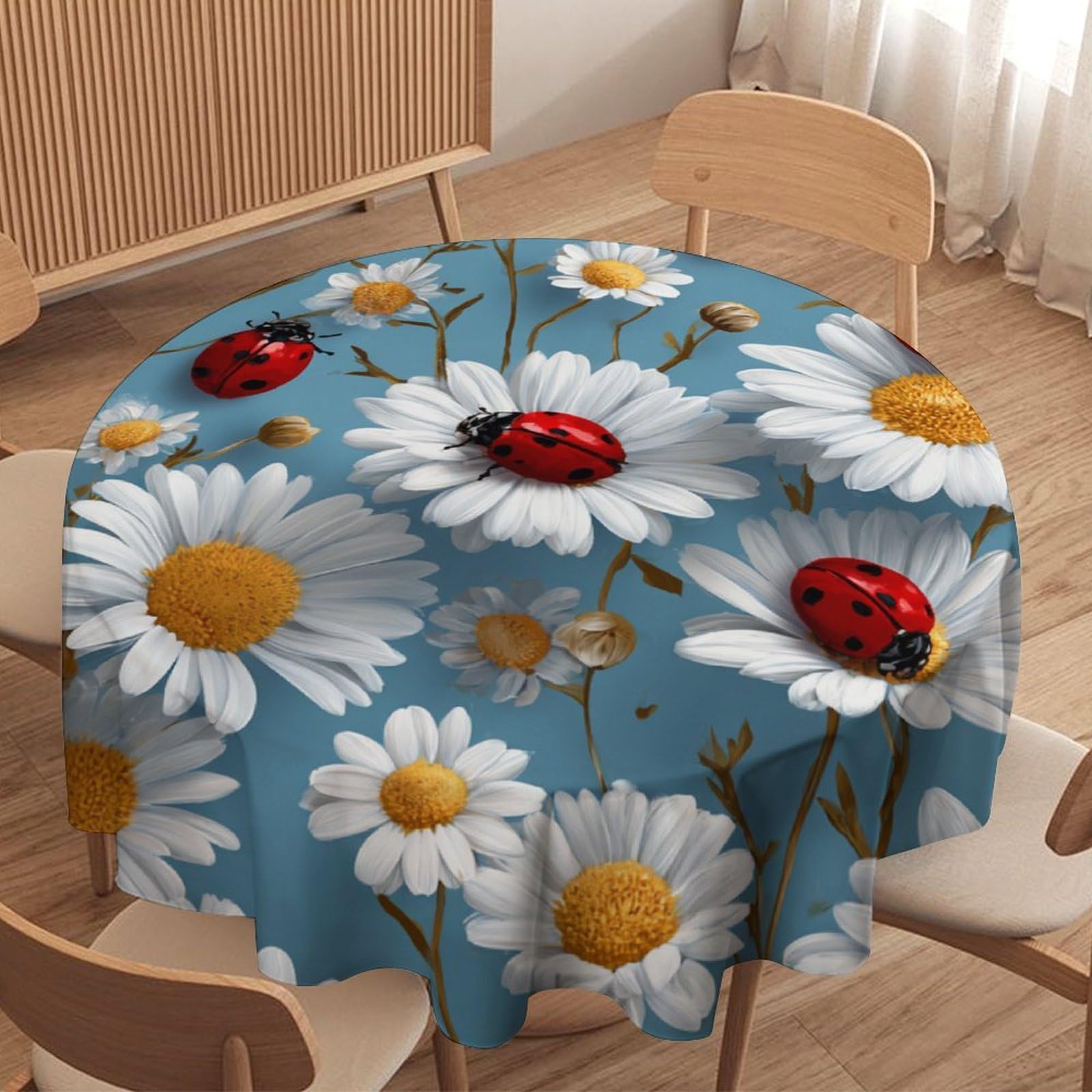 LUYYSKY Cute Colorful Daisies Floral Round Tablecloth Beautiful Realistic Animal Ladybugs White Daisies Flowers Washable Decor for Table Cover for Kitchen-127 Wx127 L cm