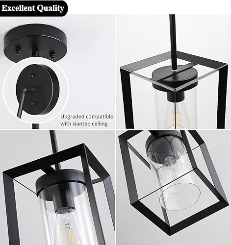 Miniatura 3 de Paquete de 2 lámparas colgantes de isla de cocina color negro, modernas lámparas colgantes con jaula de metal y pantalla de vidrio transparente,