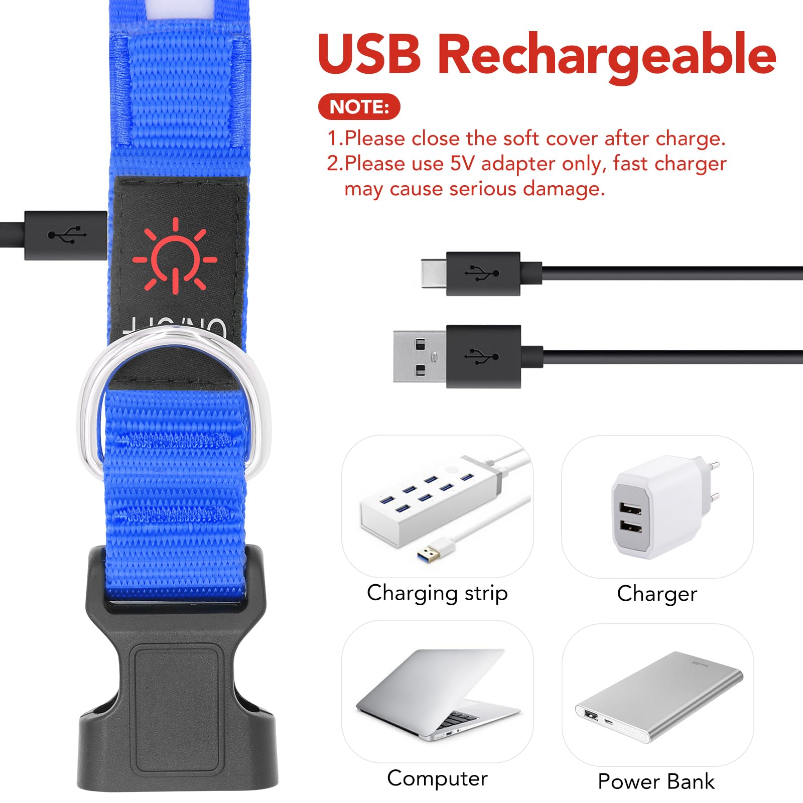 VIZPET Collare per cani a LED ricaricabile tramite USB, 100% impermeabile, regolabile, con luce di sicurezza super luminosa, collari luminosi per cani (blu, medio