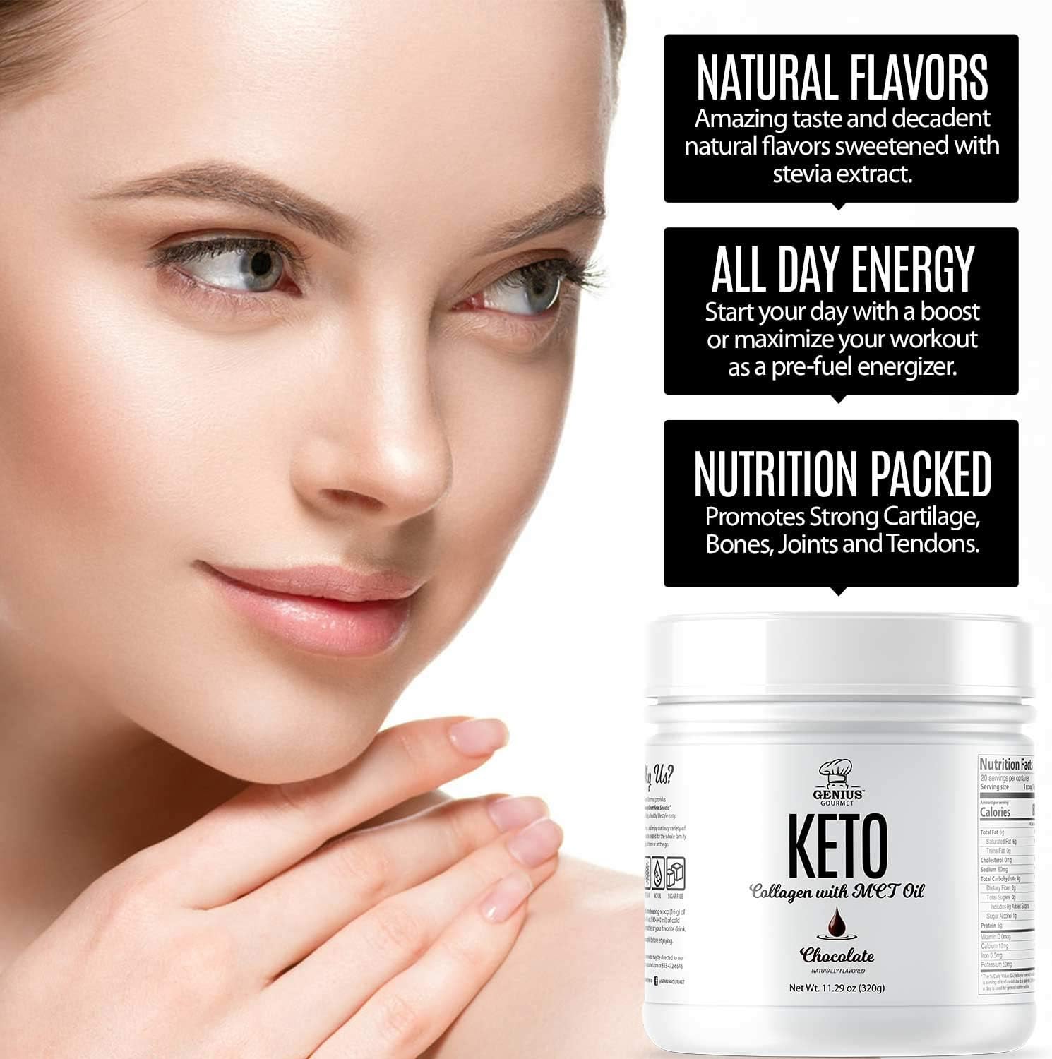 Genius Gourmet Keto Collagen Powder with MCT Oil - Hydrolyzed Collagen Type I and III, Grass-Fed, Sugar-Free, Use in Coffee and Shakes