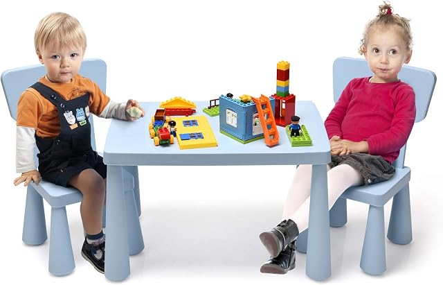 COSTWAY Kids Table and Chair Set, Children Multi Activity Desk with 2 Chairs, 3-Piece Toddler Furniture Set for Eating, Drawing, Writing, Craft, Snack Time, 77 x 55 x 50 cm (Blue)