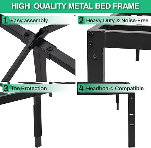 Miniatura 4 de D&H FURNIMMT Marco de cama Queen de 14 pulgadas con soporte de hasta 2000 libras, fácil de montar, antideslizante, sin ruido, no necesita somier,