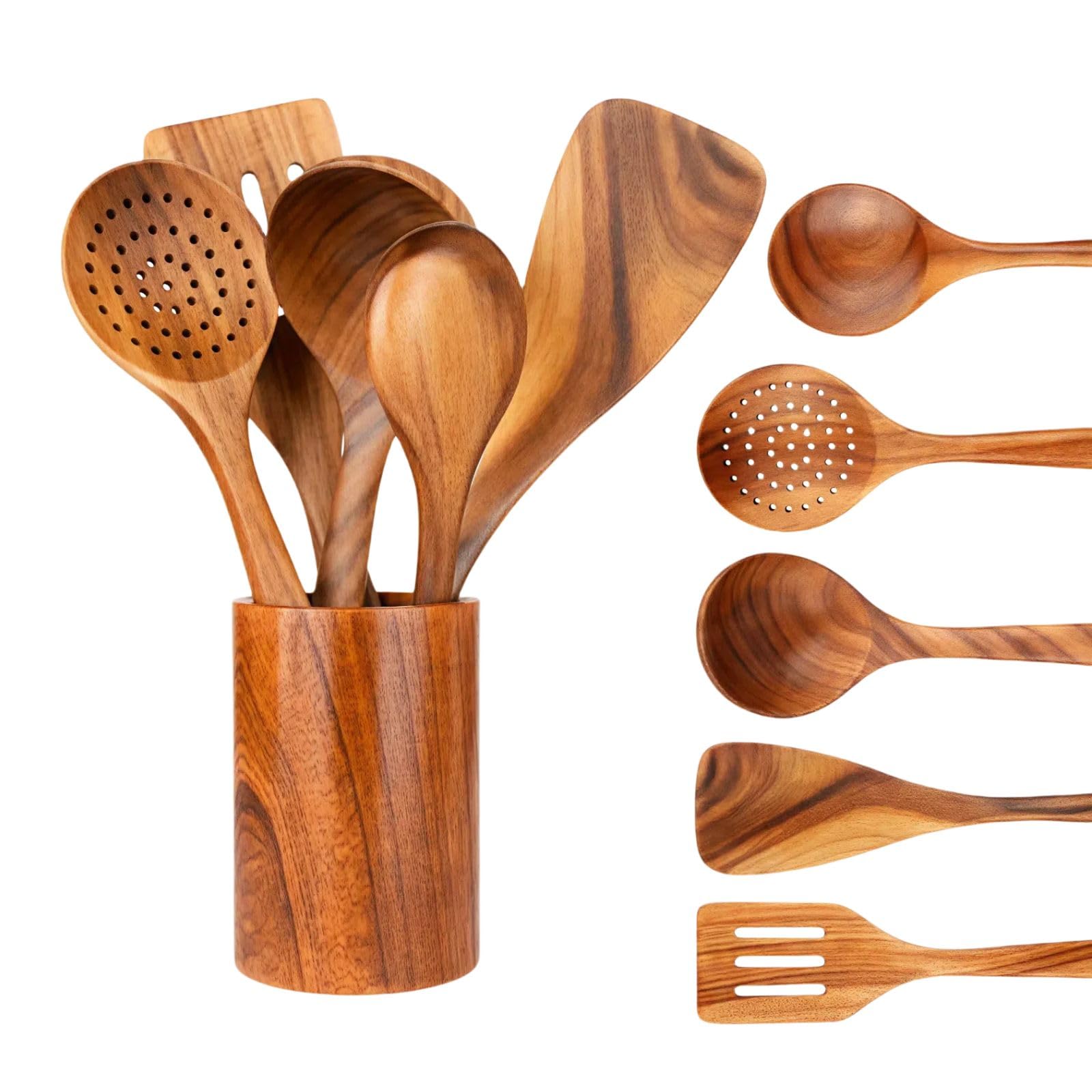 Juego de 6 cucharas de madera, utensilios de cocina de madera, ollas antiadherentes y utensilios de cocina, resistentes, ligeros y resistentes al calor