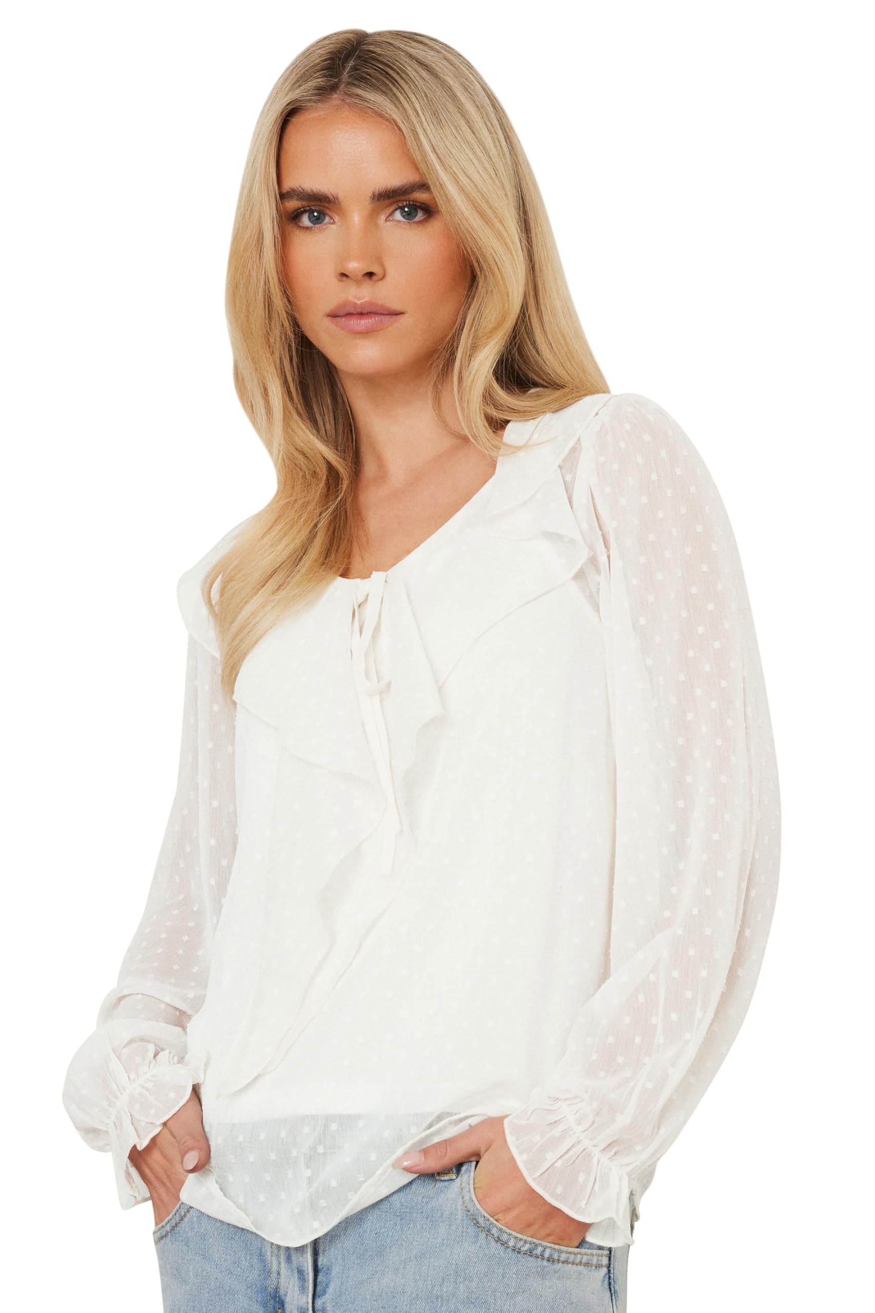 PixieGirl Petite Ivory White Dobby Frill Blouse Petite