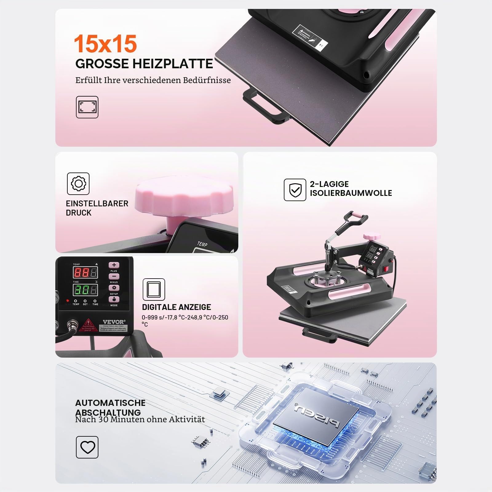 VEVOR Hitzepresse, 8 in 1 Wärmeübertragungsmaschine mit 887 ml Tumbler-Presse, 360° wegschwenkbare digitale T-Shirt-Pressmaschine, 38 x38 cm, Teflonbeschichtung, für T-Shirts/Tassen/Hüte/Teller