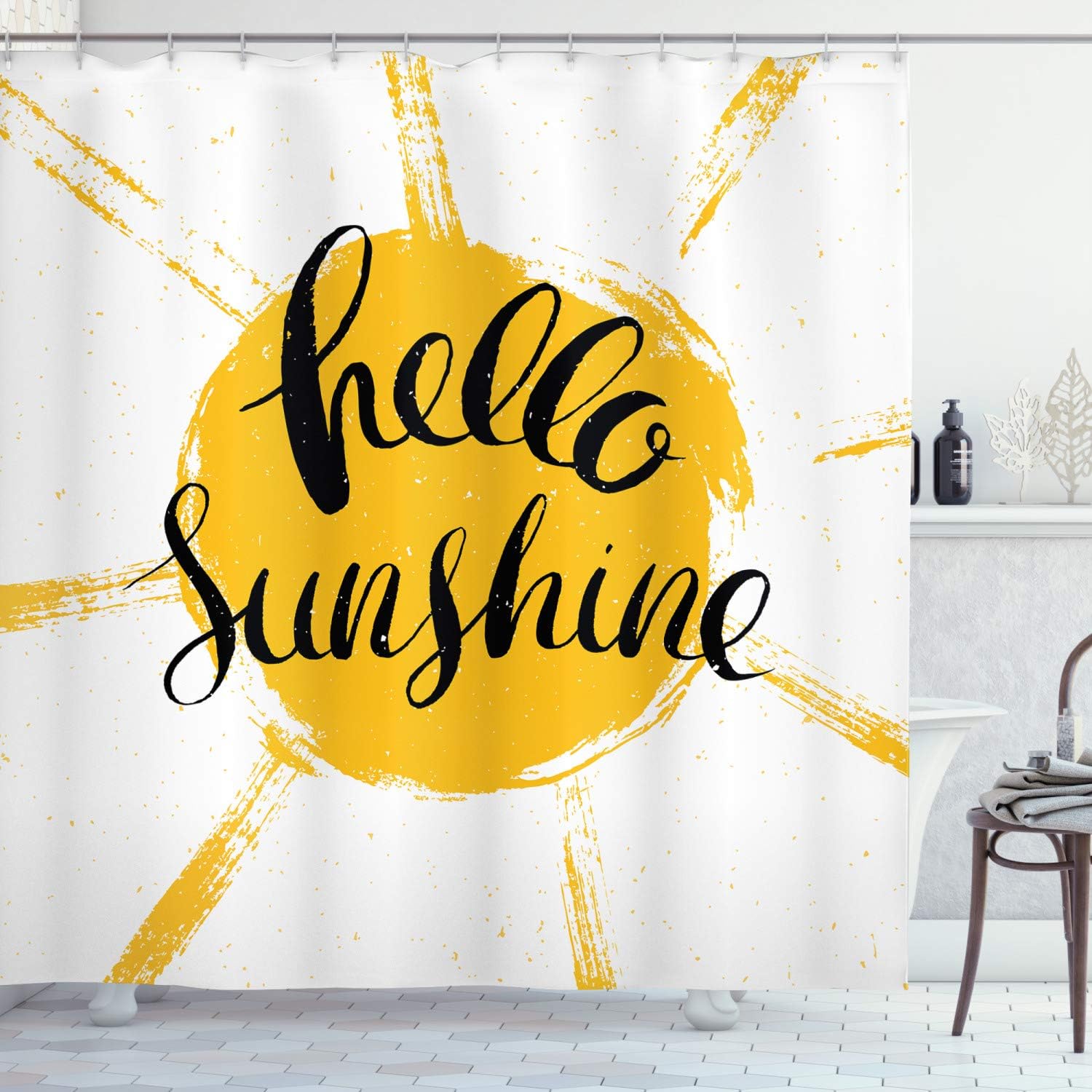 Ambesonne Hello Sunshine Shower Curtain, Vintage Composition with Words and Grunge Sun, Cloth Fabric Bathroom Decor Set with Hooks, 69" W x 84" L, Earth Yellow Grey
