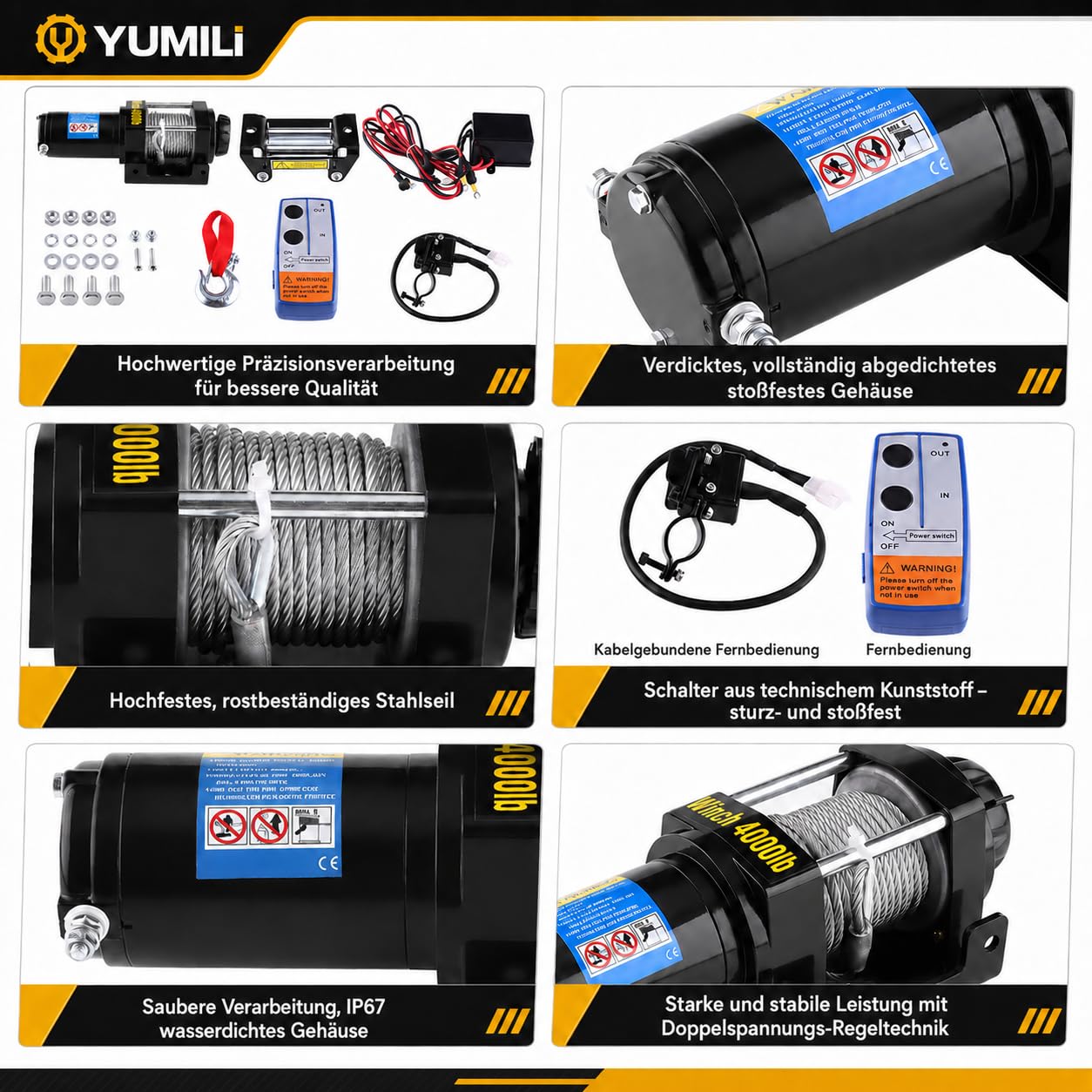 Elektrische Seilwinde 12V, 4000 LBS/ 1818 Kg Motorwinde Seilzug, 4.8mm x 15m Stahlseil Elektrowinde Winde, Wasserdicht nach IP67 mit Fernbedienung, für UTV, ATV, Bootstrailer, Offroad-Bergung