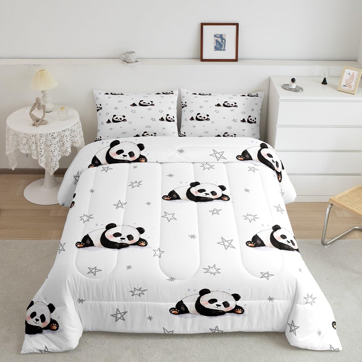 Cartoon Panda Comforter Set Kids Cute Animal Comforter for Boys Girls Kawaii Panda Bedding Bear Printed Black White Duvet Set Room Decor Quilt Full Size Boys