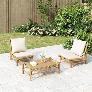 3 Piece Bamboo Patio Lounge Set with Cream White Cushions, Outdoor Furni...