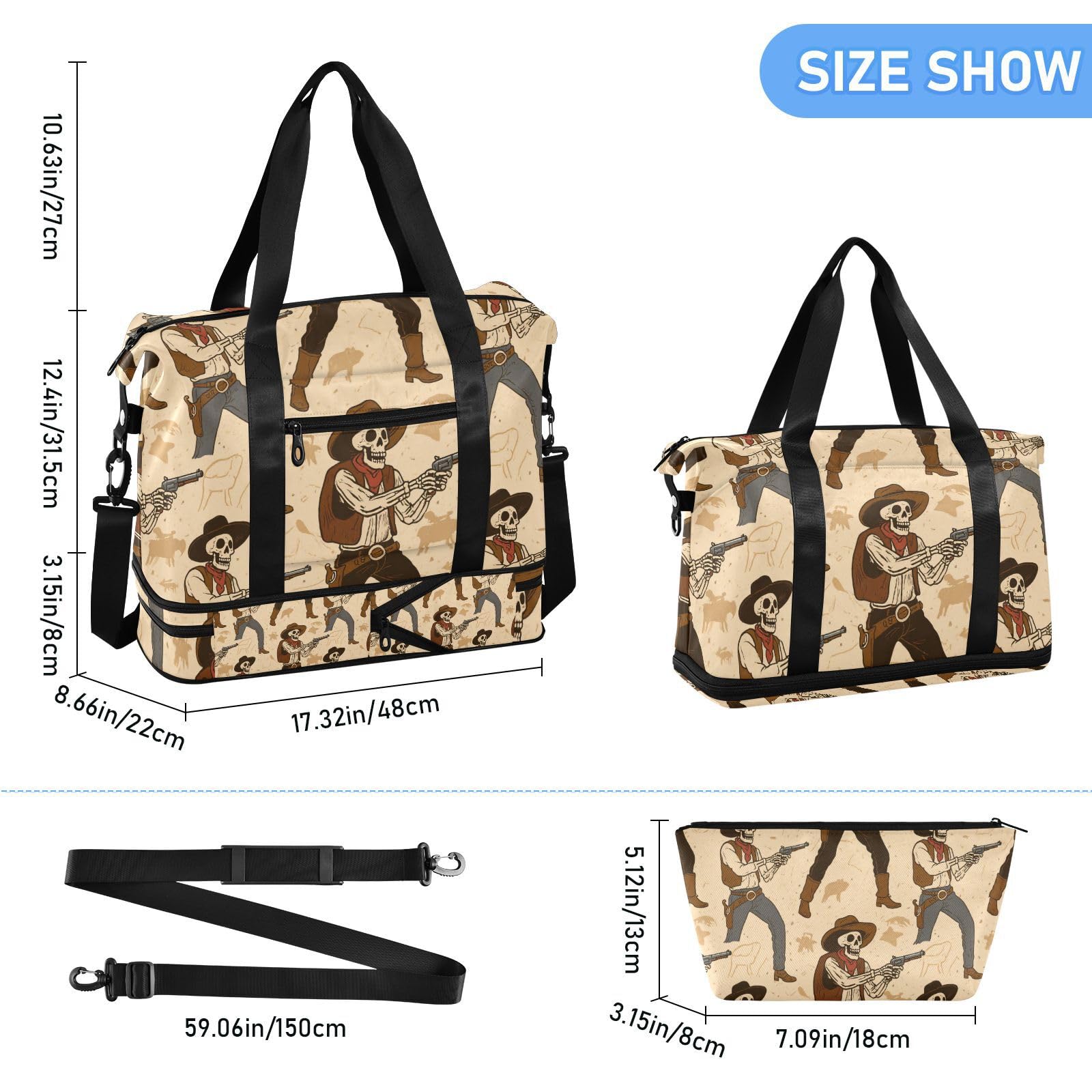 Borsa da viaggio beige retrò con teschio cowboy occidentale con tasca bagnata tracolla regolabile palestra sport borsone per yoga impermeabile per uomini donne
