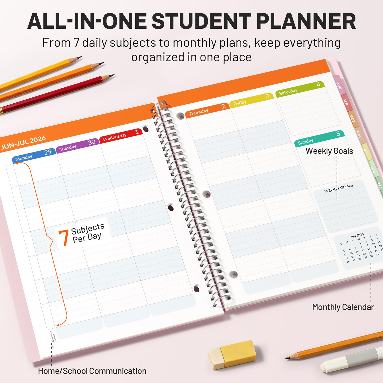 SUNEE Agenda scolastica 2026-2027, agenda scolastica media o superiore per accademico luglio 2026 - giugno 2027, 21,6 x 27,9 cm, con copertina impermeabile in PVC, perforato a 3 fori, segnalibro