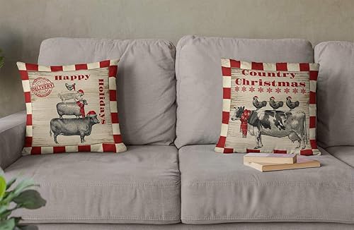 Miniatura 6 de Juego de 4 fundas de almohada de Navidad con diseño de búfalo rojo con diseño de animales de granja, ciervos, alces, cerdos, decoración de granja,