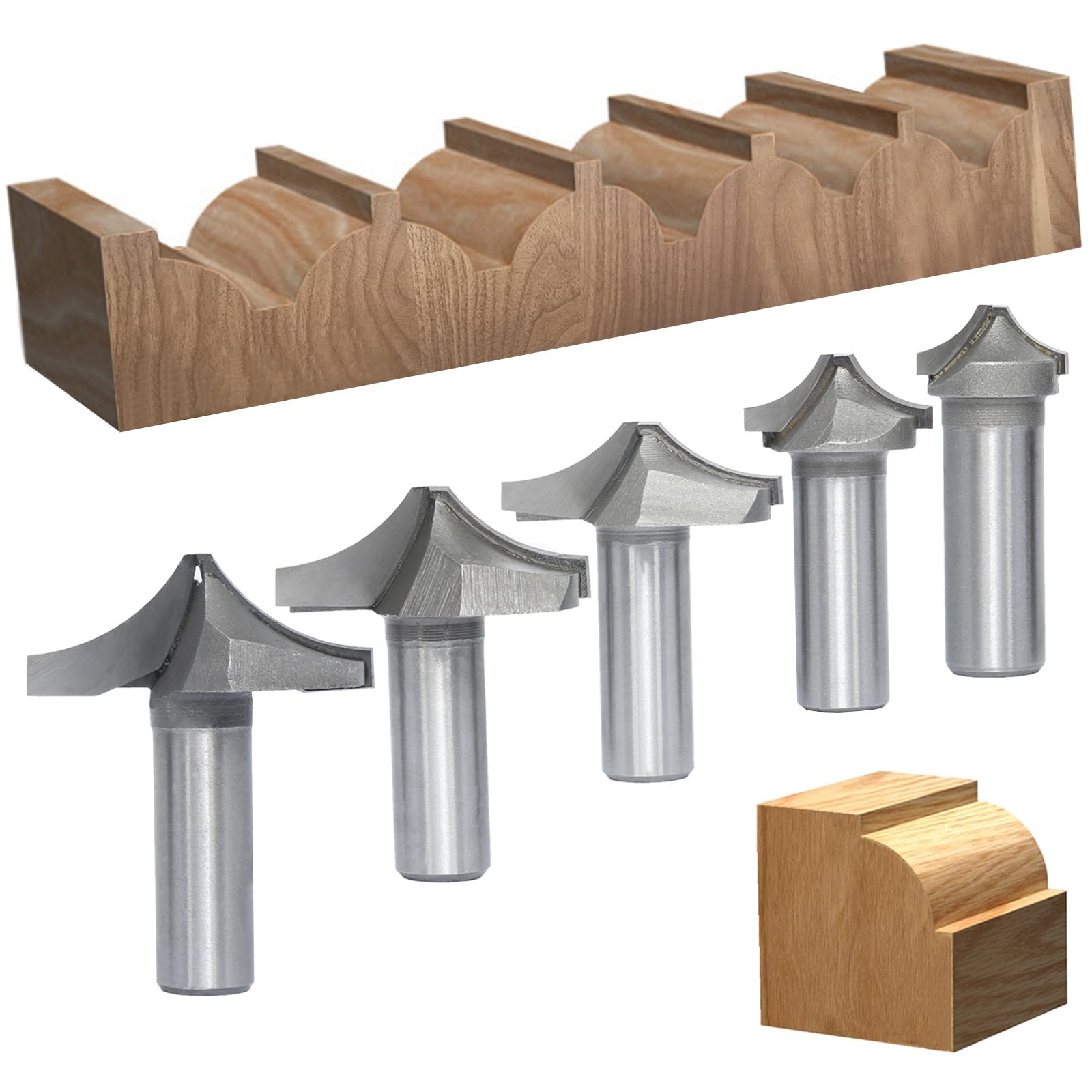 Akylin 5pcs Rounding Over Ovolo Bit Set,1/2" Shank,3/4", 1",1-1/2",1-5/8" and 1-3/4" Cutting Dia. ,Open End Carving Router Bits,Flat Bottom Roundover