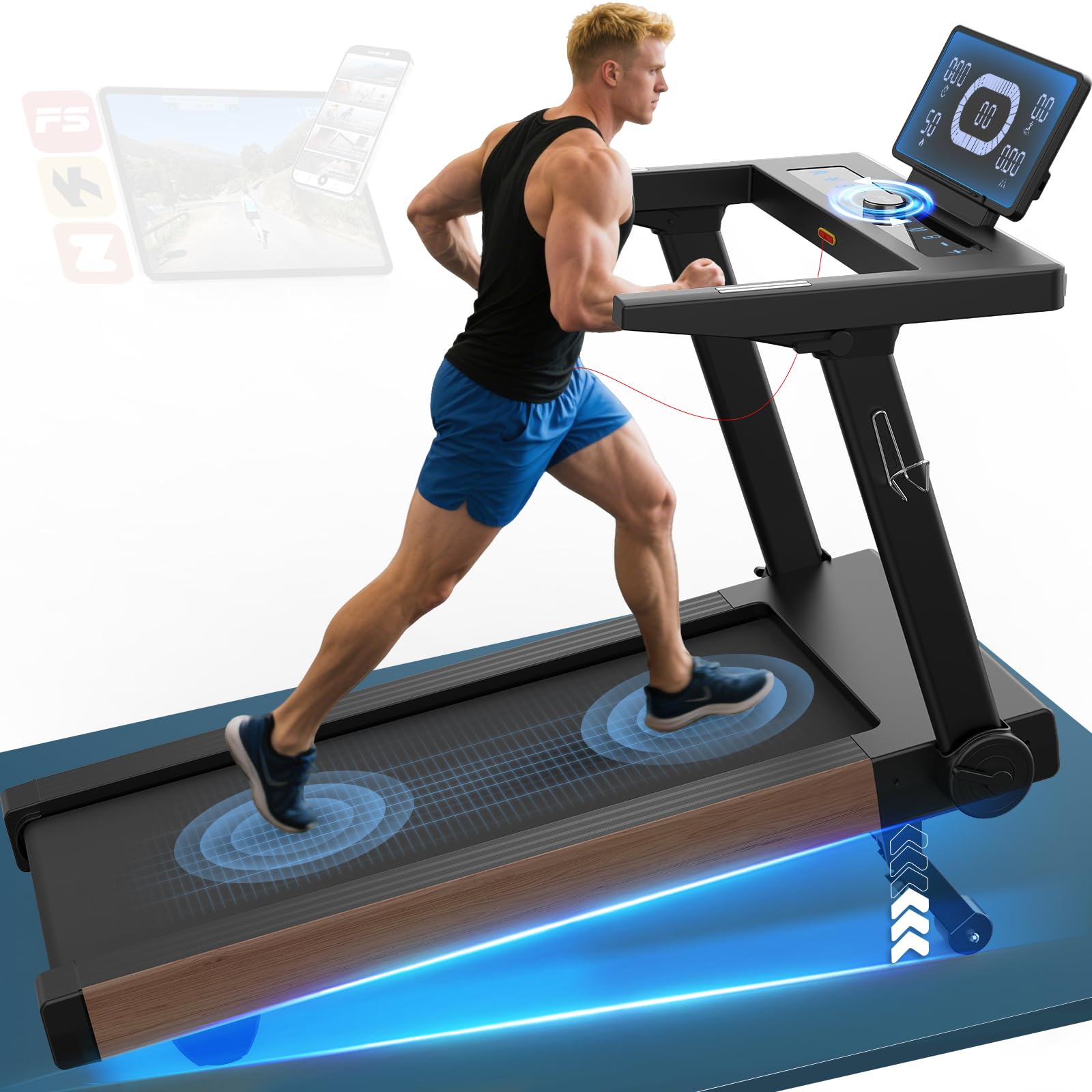 Laufband für Zuhause, 7PS Laufband klappbares mit 1-20 km/h, 15% Steigung, Belastung 180Kg, Bluetooth App kompatibel, Pulssensor, Drehbares LED-Anzeige, Tablethalterung für Zuhause und Büro