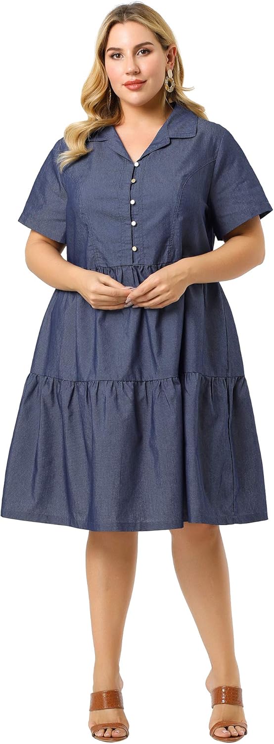 Agnes Orinda Plus Size Chambray Dress for Women Short Sleeve Button Down Flowy Tiered Shirt Dresses