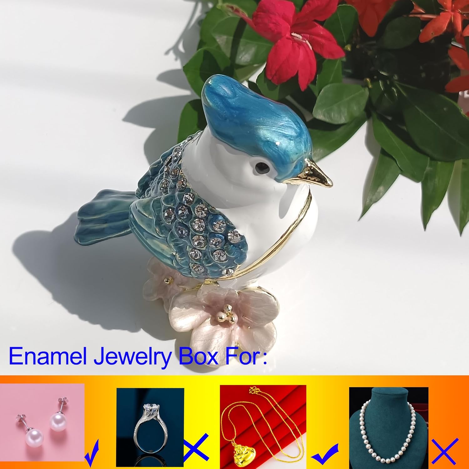 Enamel Bird Jewelry Box Trinket Container Bird Figurine Ornament Home Decor & Collection Blue