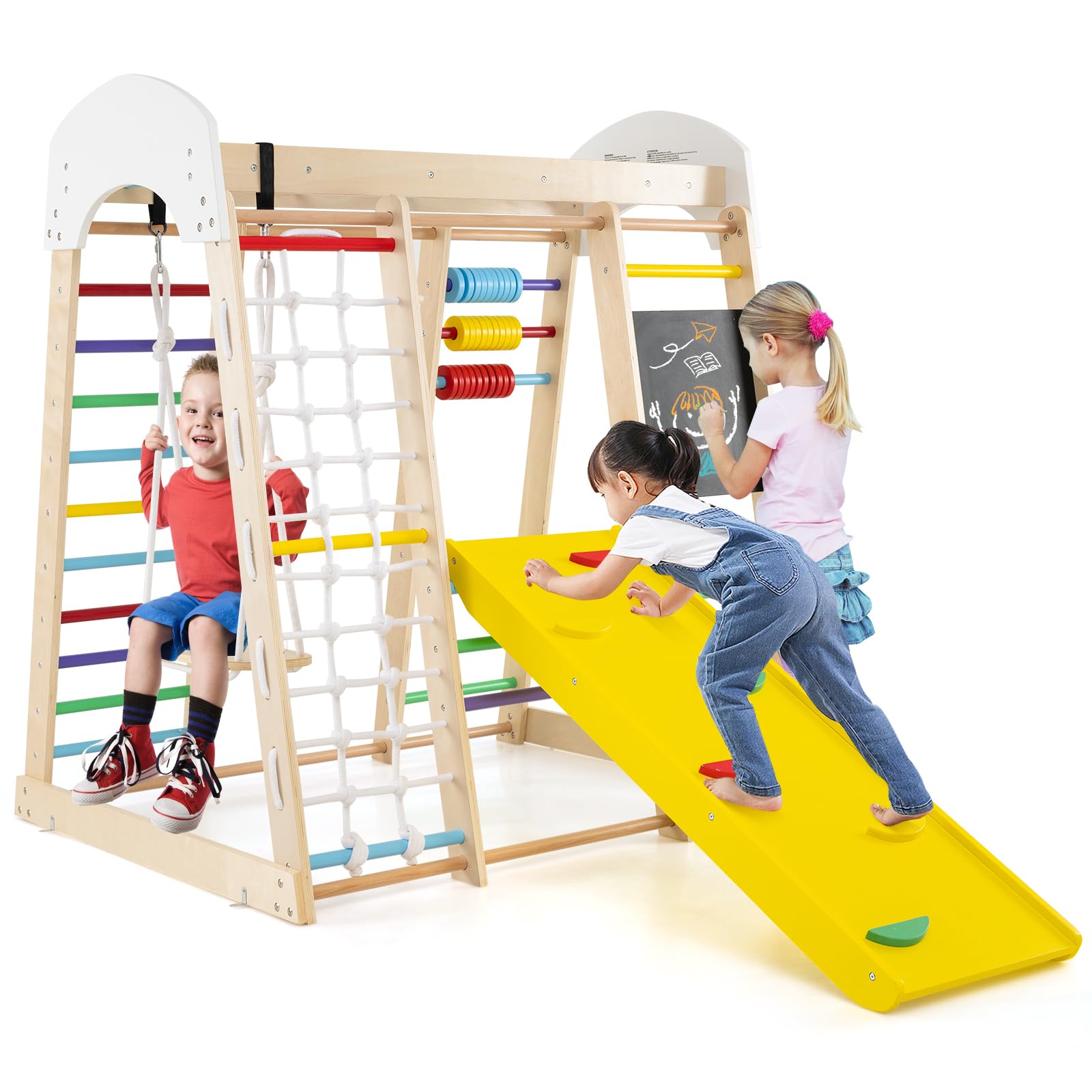 RELAX4LIFE Juego de Escalada Multifuncional 6 en 1, Parque Infantil de Madera con Tobogán, Tienda de Juego para Interior y Exterior para Niños 1-5 Años, Carga 60kg (Modelo 3 Colorido)