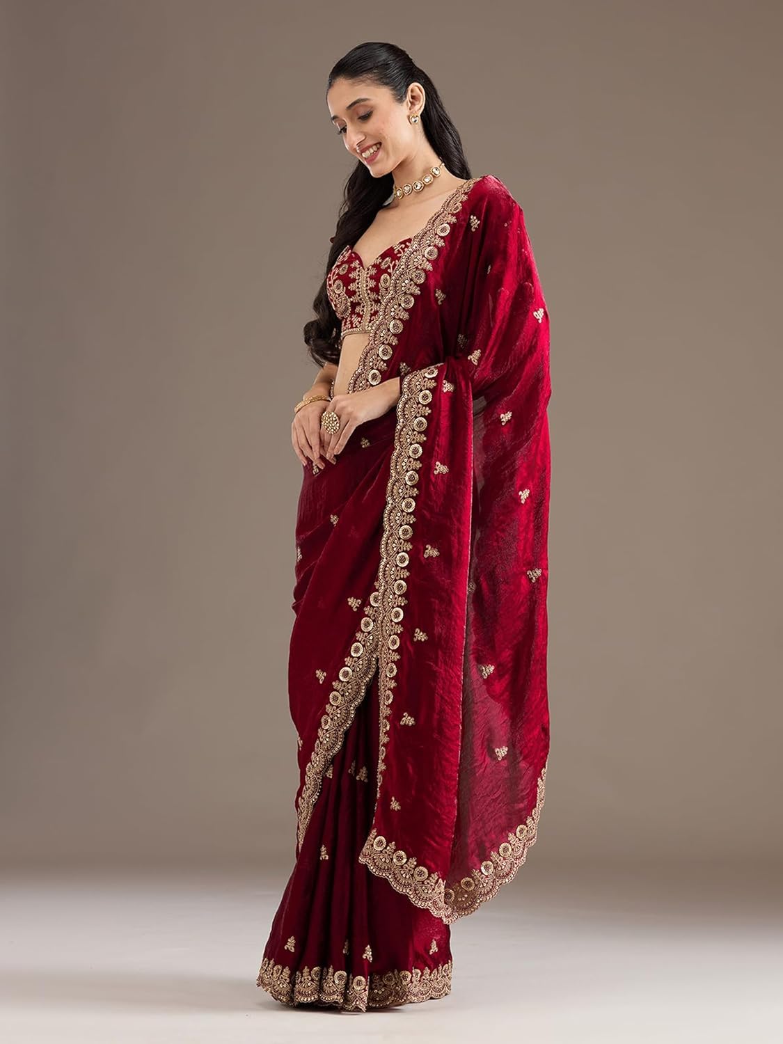 TRENDMALLS Women's Satin Embroidery Sequence Work Saree with Unstitch Blouse Piece For Women (K1248-Maroon)