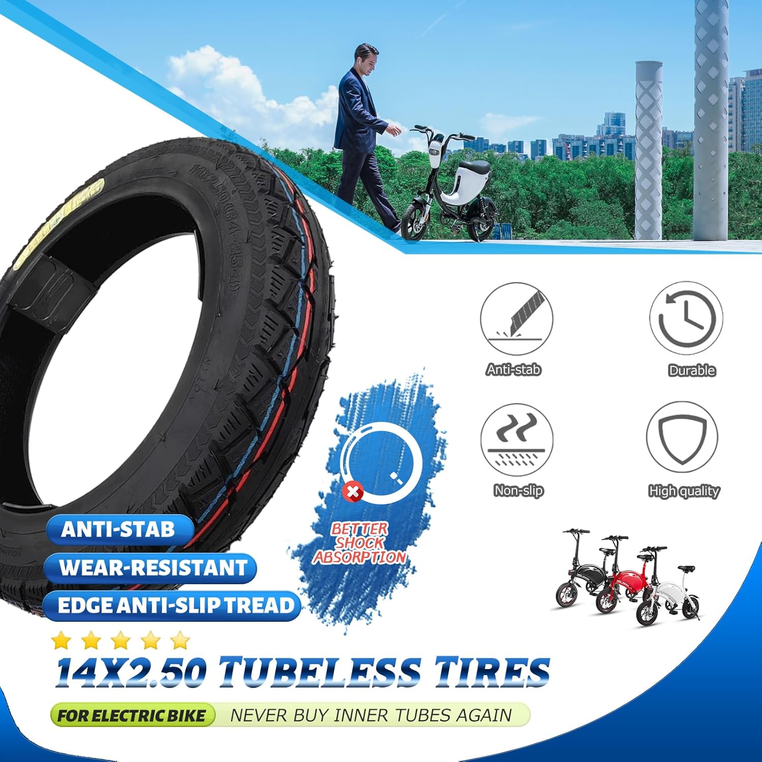 14x2.50 Tubeless Tire Super Anti-Stab 14x2.5 66 254 Ebike Tire Heavy Duty Design | 14 Inch Tire for Electric Scooter Tires | 14 x 2.50 Thickened Tires with Air Valve